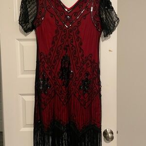 Chic Red and Black Beaded Midi Dress